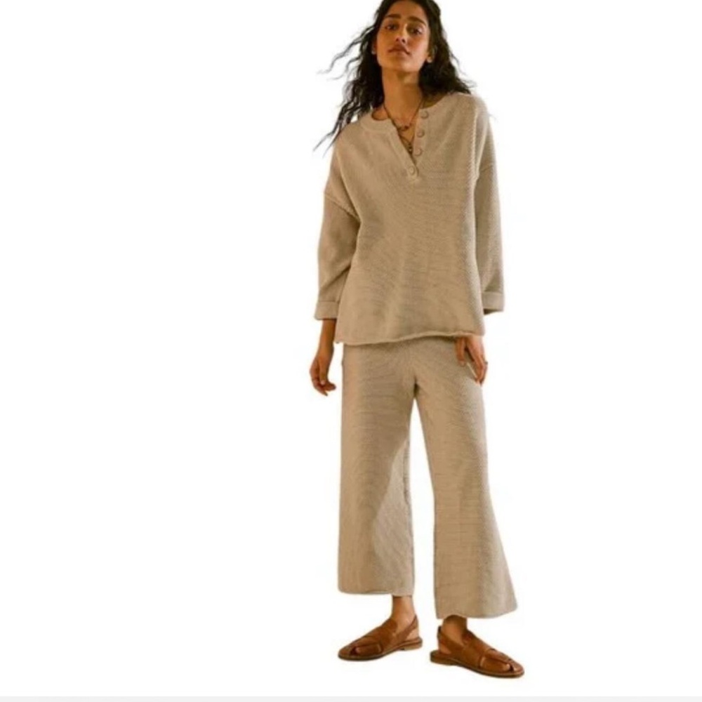 Free People Beige Crewneck Button Sweater